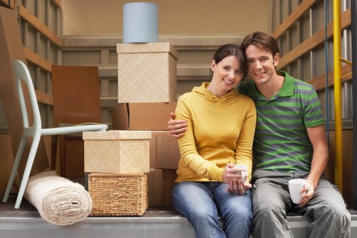 Packed office and retail items ready for commercial relocation