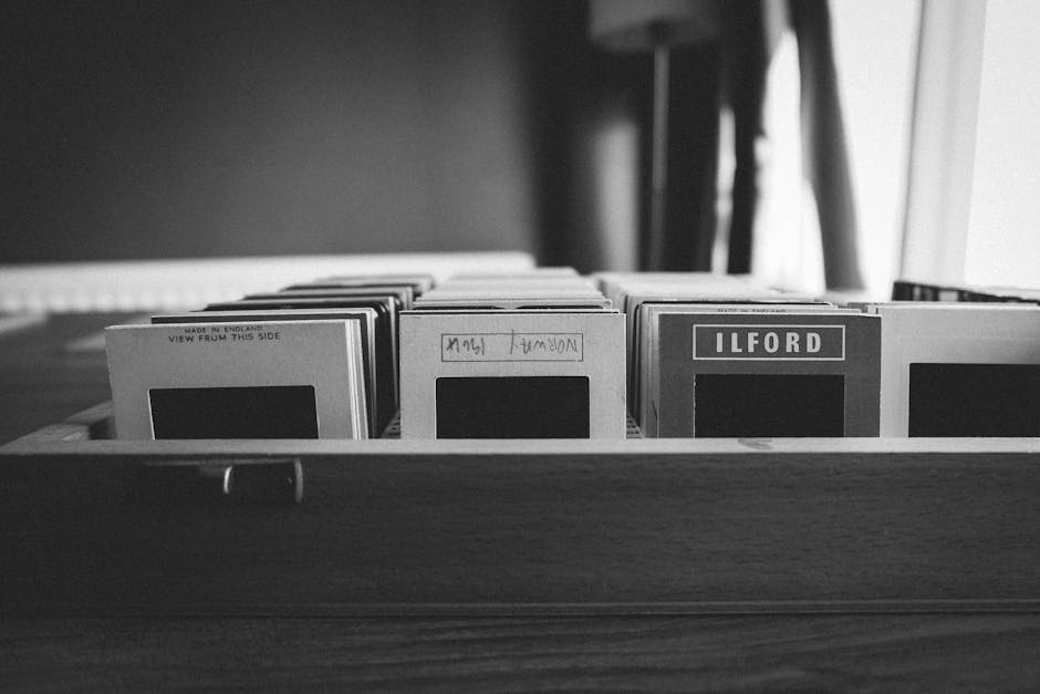 A black and white photograph showing a wooden storage box filled with neatly arranged archive-style index cards, some labeled with handwritten notes and others printed, including one with the word 'ILFORD' prominently visible. The box is situated on a flat surface, likely indoors, with a dark wall in the background. The scene appears to be part of a home or office relocation process involving packing and organizing personal or archival items, possibly as part of furniture transport or packing and moving activities. The natural lighting highlights the textures of the cards and the wooden box, with a focus on the orderly arrangement of documents ready for transport or filing. The image subtly reflects the steps involved in home relocation and the importance of organized packing during furniture transport, aligning with services offered by Man with Van Ilford for removals and house moves.